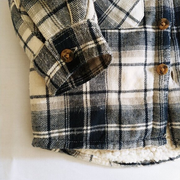 George Blue Gray White Plaid Button Down Sherpa Shacket 6-12 Months - Picture 5 of 7